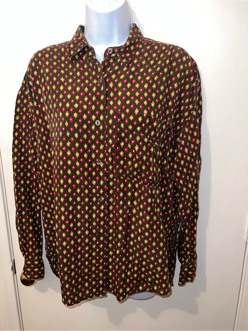 Esprit Olive Green Button-Up Blouse with Red and Yellow Dot Print